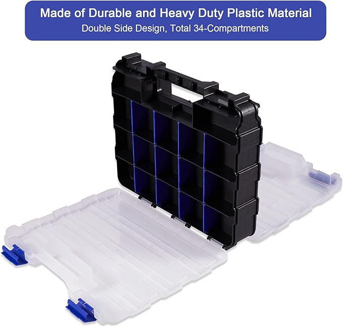 AIDY-PRO Hardware Organizer Box 34 Compartments Small Parts Organizer with Removable Dividers Durable Plastic Double Side Tools Box Screw Organizers For Nuts, Bolts, Screws, Nails 2Pack