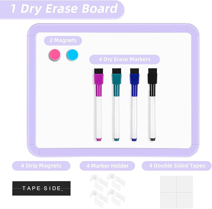 VUSIGN Small White Board Dry Erase, 8.5'' x 11'' Magnetic Dry Erase Board, Mini Whiteboard with Markers for Students, Fridge, Wall, Locker, Purple