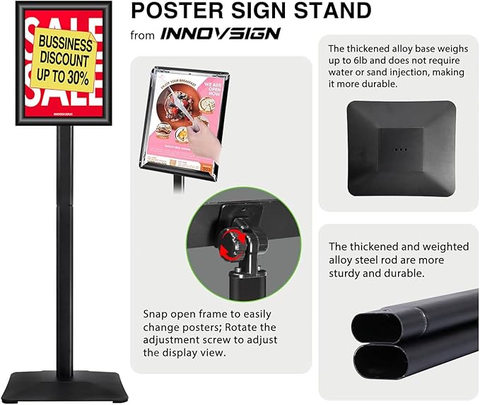 INNOVSIGN 3Packs Heavy Duty Adjustable Pedestal Poster Sign Stand, 11x17 Aluminum Open Floor Standing Sign Holder for Vertical and Horizontal View Display, Black