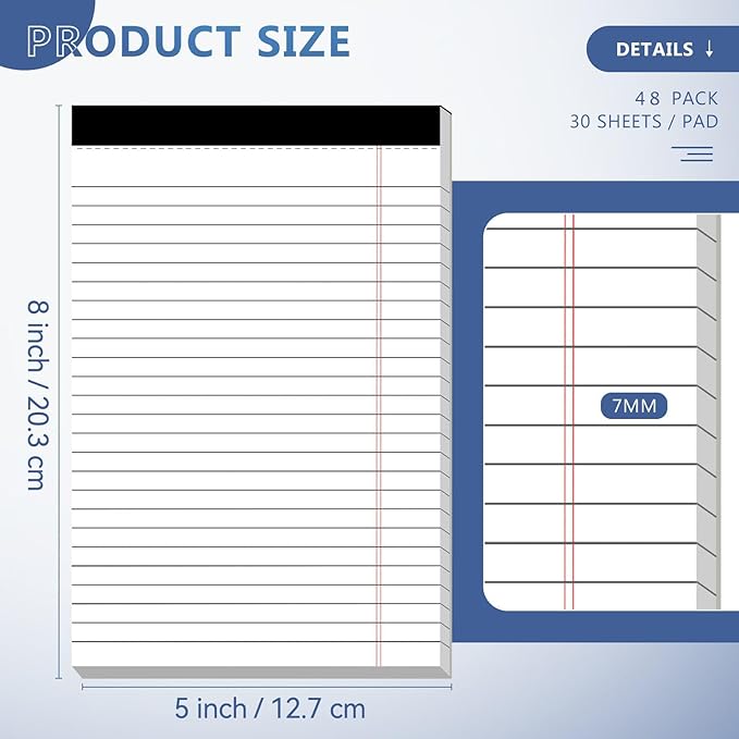 Nichela 5" x 8" Note Pads 48 Pack of Legal Pads 30 Sheets Notepad College Ruled Small Writing Pads Perforated Pages Paper Pads 80GSM Heavyweight Paper Note Pads for Home, Office, or School