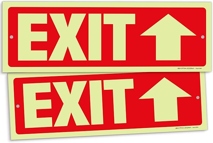 iSYFIX Exit Signs with Directional Up Arrow - 2 Pack 12x4 Inch Glow in the Dark for Business, School, Office, Warehouse - Durable 40 Mil Polystyrene, UV Laminated, Waterproof, Scratch & Fade Resistant