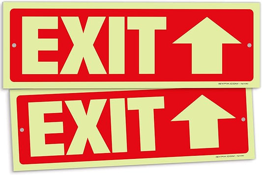 iSYFIX Exit Signs with Directional Up Arrow - 2 Pack 12x4 Inch Glow in the Dark for Business, School, Office, Warehouse - Durable 40 Mil Polystyrene, UV Laminated, Waterproof, Scratch & Fade Resistant