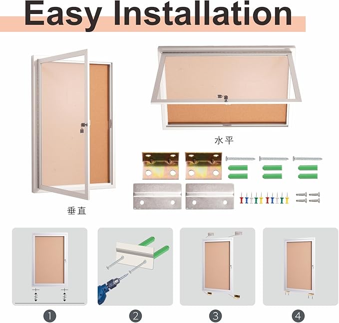 36×24 Inch Lockable Enclosed Bulletin Board, Weather-Resistant Outdoor Noticeboard with 2Locking Doors, Wall-Mounted Silver Aluminum Frame & Cork Presentation Board