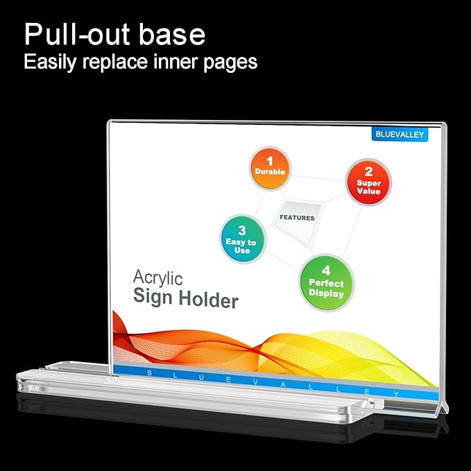 BlueValley Clear Acrylic Sign Holder 7x5 Inch - 12 Pack Double Sided Lucite Plastic Paper Display Stand for Brochure, Tabletop Sign, Document Picture Frame For Office Retail Catering Menu Show Fair Vendor Events