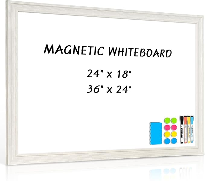 White Board for Wall, 24'' x 18'' Magnetic Dry Erase Board, Decorative Whiteboard with White Vintage Wooden Frame, Hanging Writing Board for Home Office School Dorm