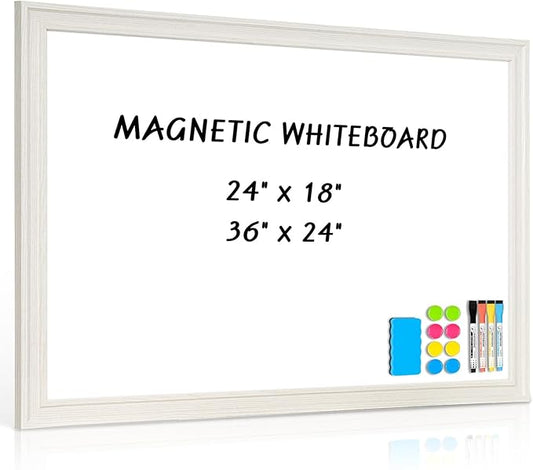 White Board for Wall, 24'' x 18'' Magnetic Dry Erase Board, Decorative Whiteboard with White Vintage Wooden Frame, Hanging Writing Board for Home Office School Dorm
