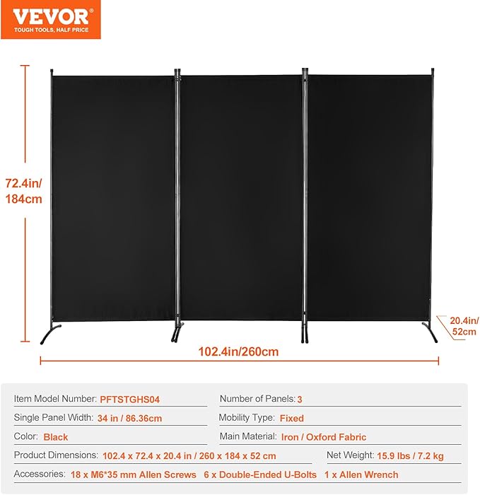 VEVOR Room Divider, 3 Panel Room Divider, Folding Privacy Screen and Portable Partition Divider for Room Separation, Freestanding Room Partitions for Office, Bedroom, Black