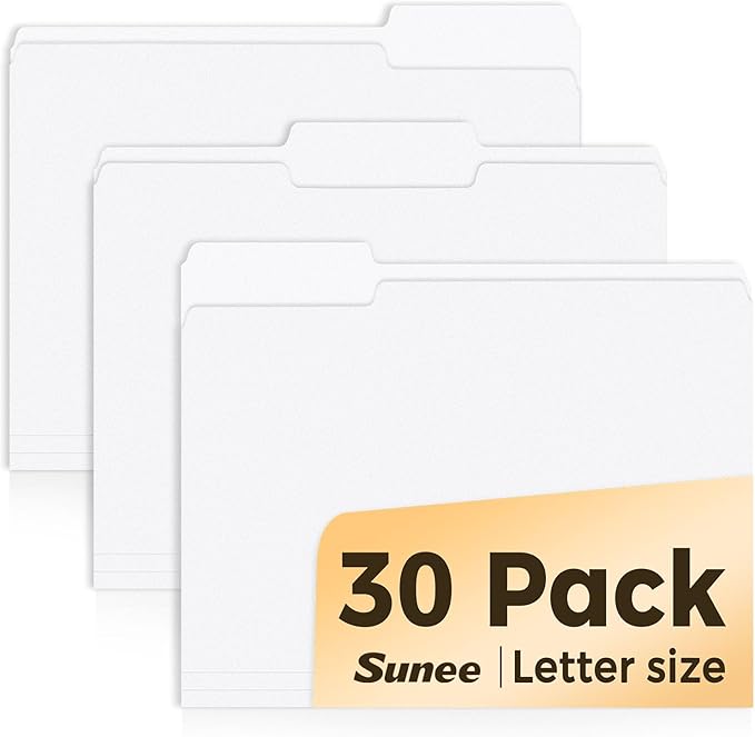 SUNEE File Folders, 30 Pack Manilla Folders 8.5 x 11, Colored File Folders Home Office School Supplies for Documents Files Paper, White