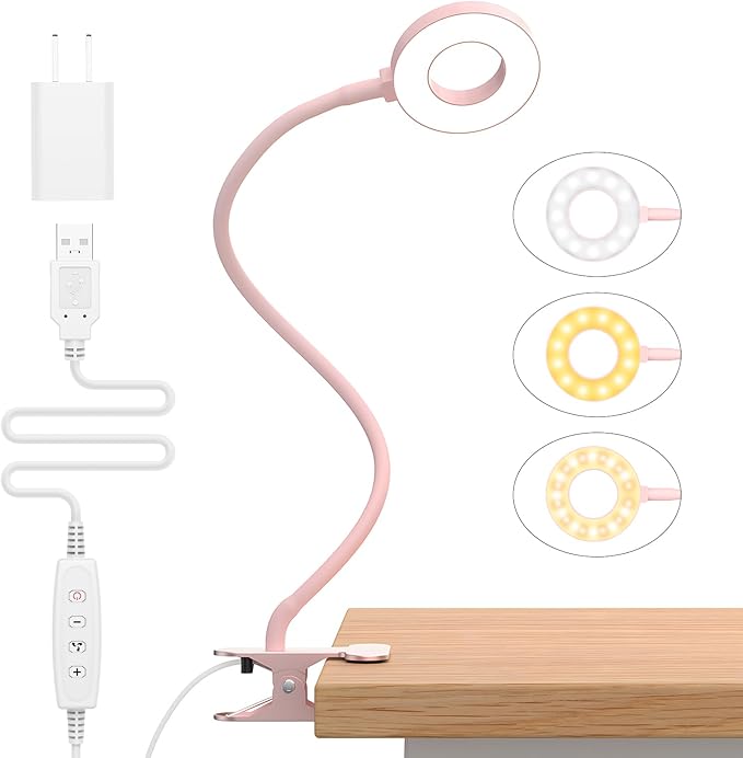 iZELL Desk Lamp, [3 Color Modes & 10 Brightness] LED Reading Light with Clamp, Silicone Flexible Arm Book Light for Kids Reading Book in Bed at Night Clip on Table, Headboard, Dorm - 15.8‘’ Pink