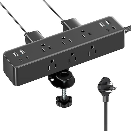 Flat Plug Desk Clamp Power Strip 10FT, 24W Total Charging Station, Desk Edge Mount Power Strip 9 AC Outlets 8 USB Ports Surge Protector, Fit 1.7" Tabletop Edge, Home Office Accessories