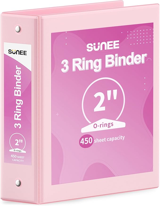 SUNEE 3 Ring Binder 2 Inch 1 Pack, Clear View Three Ring PVC-Free (Fit 8.5x11 Inches) for School or Office Supplies, Pink