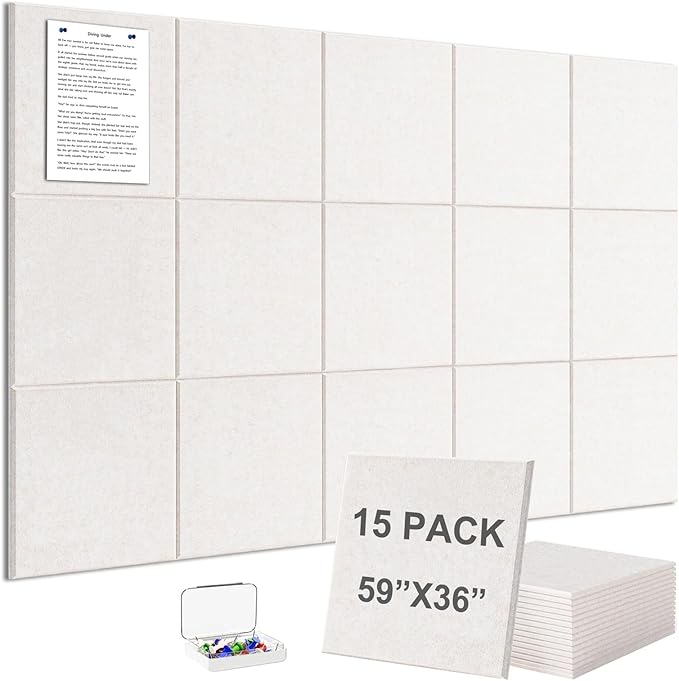 G Gamit Large Felt Wall Tiles Bulletin Board 59”x36”,Large Cork Board Alternative with 60 Pushpins,15 Pack Felt Pin Board with 112 Safe Removable Adhesive Tabs for Home Office School (Oatmeal)