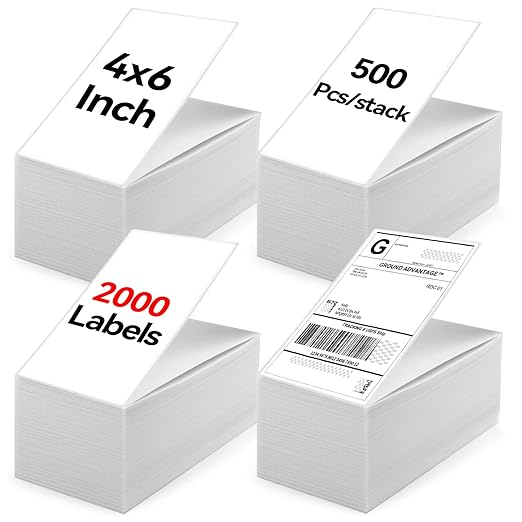 4"×6" Direct Thermal Shipping Label, Fanfold Thermal Label 2000 Packs (500packs Per Stack) Permanent Adhesive, Compatible with Zebra, Rollo, Jadens, Nelko
