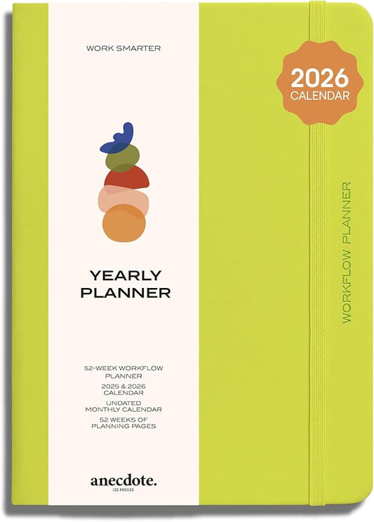 Anecdote 2026 Planner: 52 Week Daily Planner, Yearly, Monthly & Weekly Workflow for Planning Your Success – Vegan Leather Hardcover, Start Anytime & Achieve your Goals - Neon Yellow
