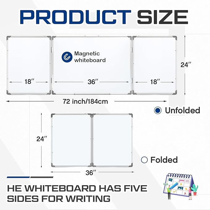 72" x 24" Foldable Whiteboard Dry Erase Board Large Tri Folding Whiteboard Magnetic Dry Erase Board, Wall Aluminium Frame and Flip Out Pen Tray for Office, Home