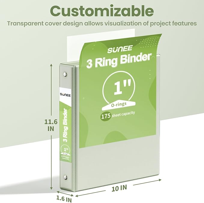 SUNEE 3 Ring Binder 1 Inch 1 Pack, Clear View Binder Three Ring PVC-Free (Fit 8.5x11 Inches) for School or Office Supplies, Sage Green