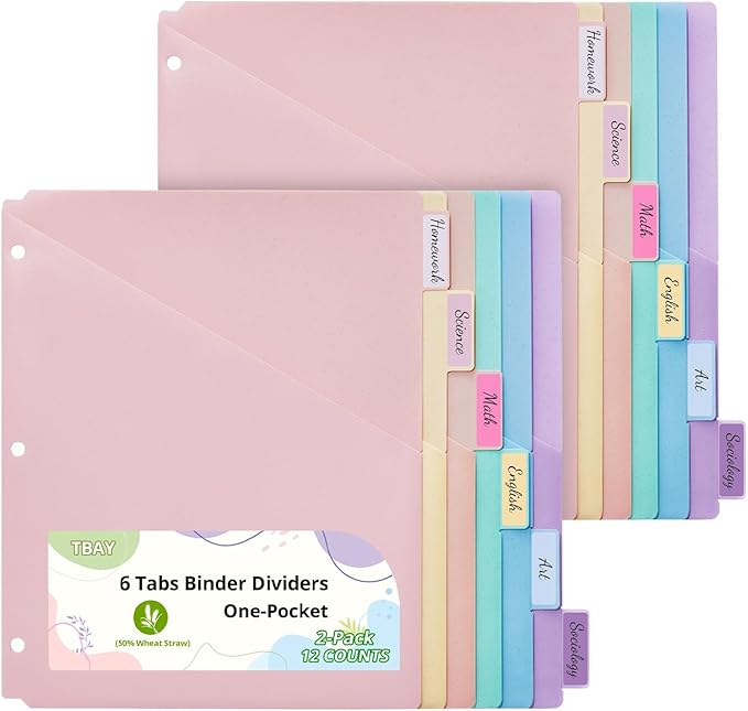 6-Tab Letter Size Dividers for 3 Ring Binder, Wheat Straw Binder Dividers with One Pocket, 6 Pastel Colors, Perfect for School, Office Supplies (2)