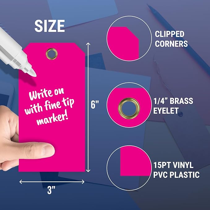 Tags 4 Less 15 Mil Waterproof Plastic Tags, Pack of 100 – 3” x 6” Heavy Duty Plastic Tags for Labeling, Outdoor Tagging, Equipment Labeling, Luggage, Valves & More (Fluorescent Pink)