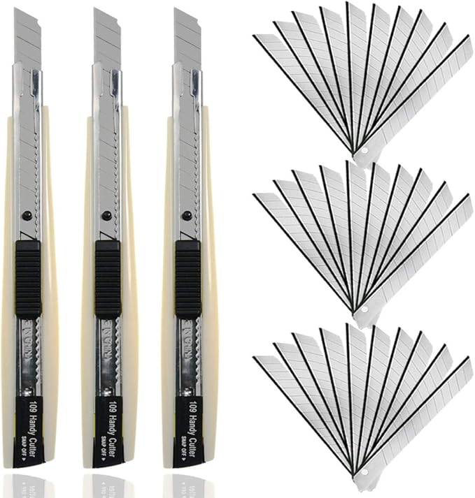 WEKOIL 30Pcs Snap Off Utility Knife Blades with 3 Pcs Delicate 9mm Auto Lock Art Knives Craft Cutters Box Paper Cutters Graphic Knife for Office Home Garage Warehouse,White