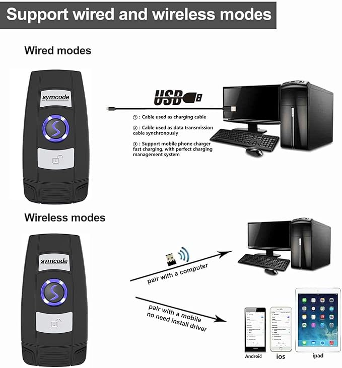Mini 2D Portable Handheld Bluetooth Barcode Scanner Wireless 2.4G & USB Wired 3-in-1 Bar Code Scanner Portable USB QR Code Scanner for Windows.Android.iOS.MAC
