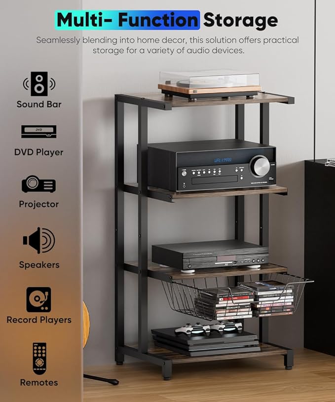 Ardier Media Stand with Detachable Baskets, 4-Tier AV Media Stand Corner Shelf for DVD Players/Cable Boxes/Games Consoles, Audio Storage Rack for Living Room, Gaming Room, Music Studio, Black