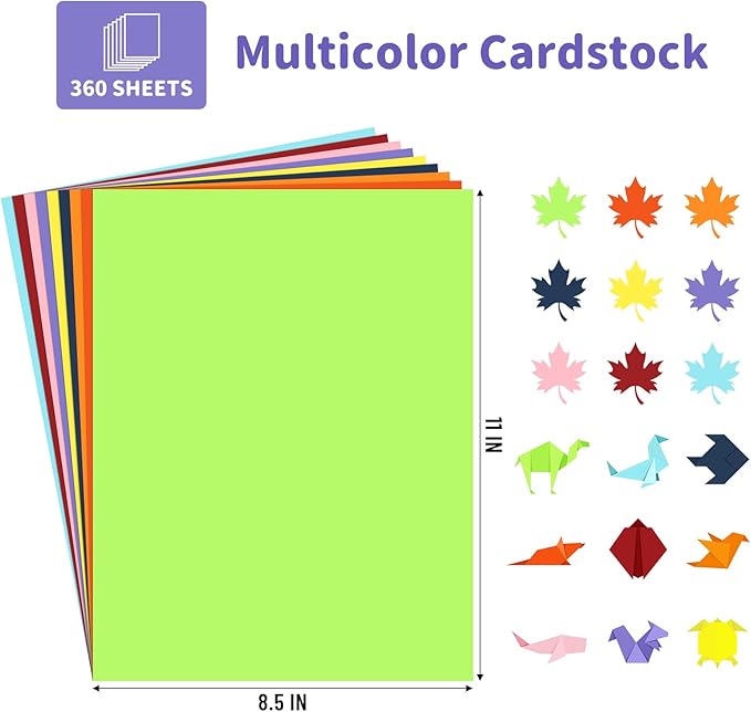 360 Sheets Colored Cardstock Paper 8.5 x11 Valentine Day Cardstock Thick Paper, 9 Assorted Colors Construction Paper 200 GSM Card Stock for Scrapbook, Cricut, Card Making, DIY Crafts, School, Party
