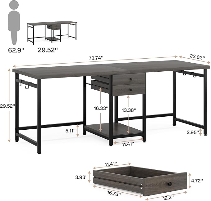 Tribesigns 79 Inch Extra Long Desk, Two Person Desk with 2 Drawers, Double Computer Table with Storage Shelves, Writing Table for Home Office, Grey
