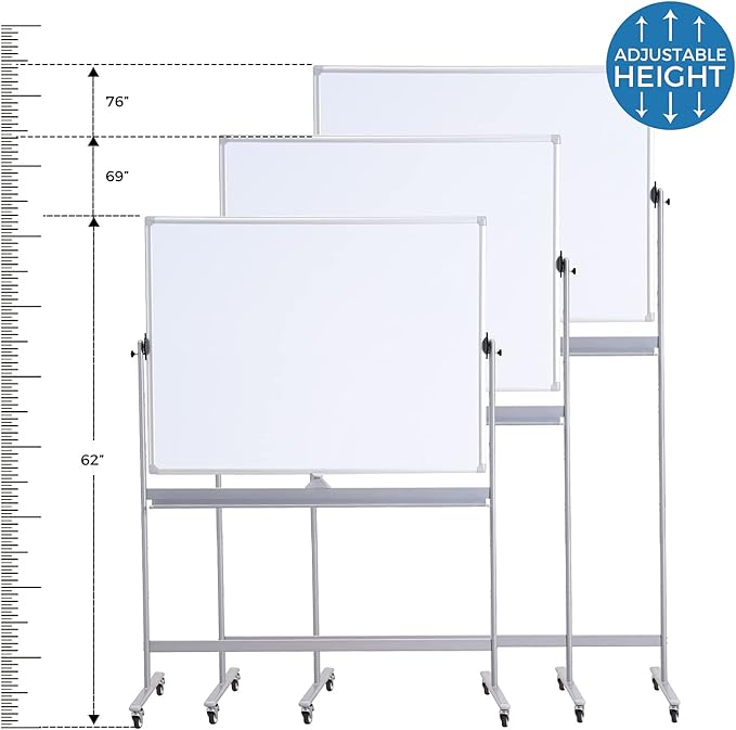 DexBoard Double-Sided 72" x 48" Mobile Whiteboard, Extra Large Rolling Magnetic Dry Erase Board with Stand, Height Adjustable White Board Easel for Office, Classroom & Home