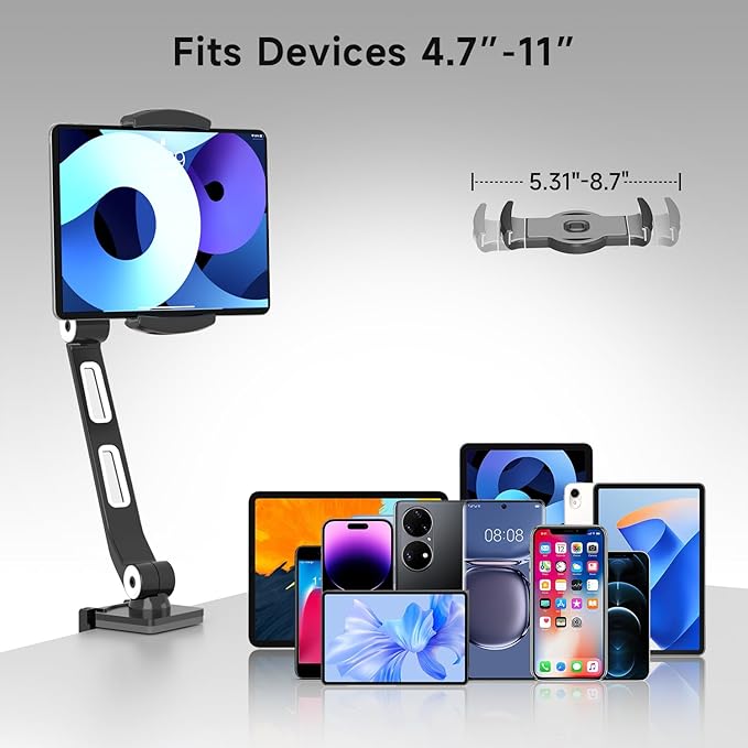 suptek Aluminum Alloy Cell Phone Desk Mount Stand 360° Tablet Stand and Holders Adjustable for iPad, iPhone, Samsung, Asus and More 4.7-11 inch Devices, Good for Bed, Kitchen, Office (YF208B)