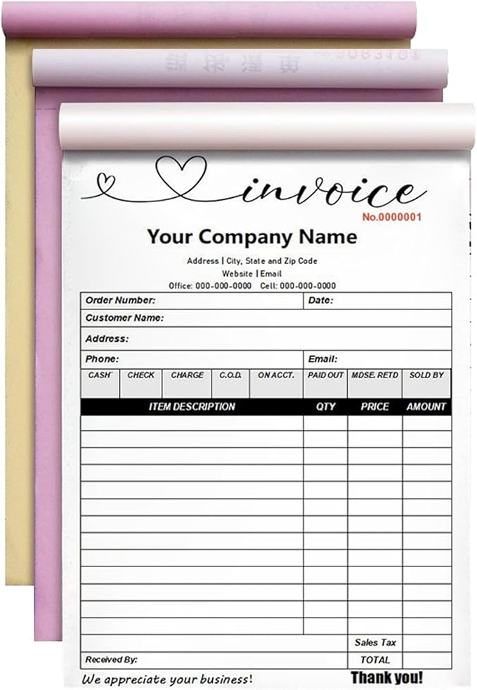 Custom Invoice Book in 3-Part /2-Part Receipt Book with Carbon Copies Personalized Carbonless Service Invoice Form Books Sales Order Book with Company Name Logo Address,F-Invoice Book