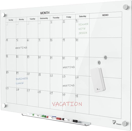TOWON 47 x 35 Inch Large Glass Dry Erase Board, Magnetic Whiteboard Calendar, Monthly Planner Set, White