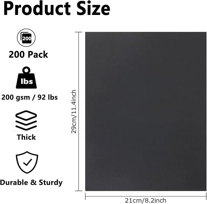QTLCOHD 200 Sheets Black Cardstock, 8.5 x 11 Inch, 92 lb Construction Paper Bulk, Heavyweight Cover Printer Card Stock for Scrapbooking, Arts & Crafts, Invitations, DIY Cards