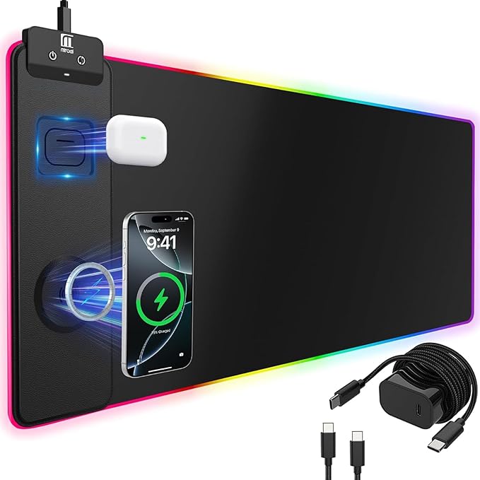 Mouse Pad with Magnetic Wireless Charging, Large Desk Pad Protector, RGB Black Mousepad Desk Mat with 15W Fast Charger, 4mm Thick Non-Slip, Waterproof Laptop Writing Pad for Office, Home, Gaming