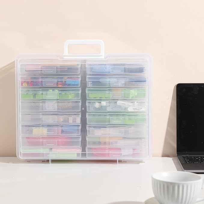 Party Club of America PCA Photo Storage Box 4" x 6" With Handle - 16 Inner Keeper, Large Organizer, Clear Plastic Craft Case for Stickers, Stamps, Jigsaw, Vegetable Seeds