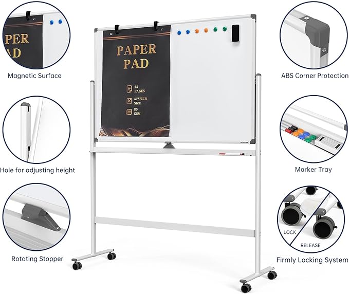 Large Dry-Erase Rolling Magnetic Whiteboard - 48 x 32 Inches Dry Erase Board with Stand Height Adjust Double Sides Mobile White Board Easel on Wheels with 25 Sheets Paper Pad Office, Home & Classroom