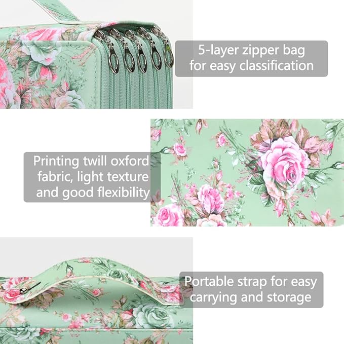 Vomgomfom Colored Pencil Case - 252 Slots Pencil Holder with Zipper Closure Twill Fabric Large Capacity Pencil Case for Watercolor Pens or Markers, Pencil Case Organizer for Artist (Green Rose)