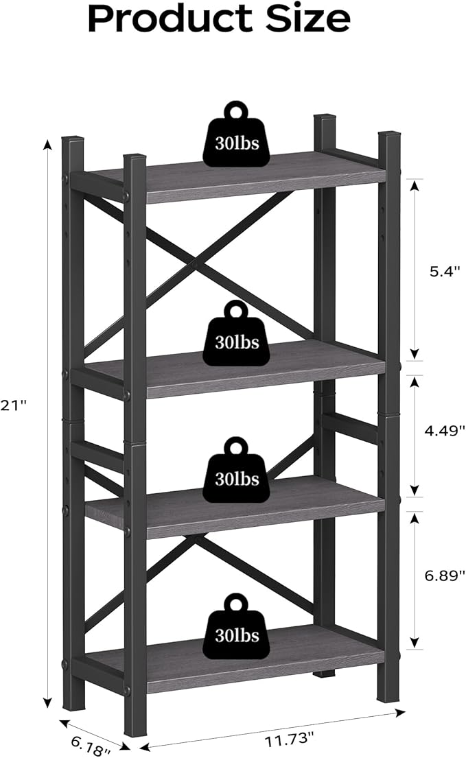 Homeiju Desktop Bookshelf, 4-Tier Stackable Narrow Desk Bookcase, Adjustable Industrial Desk Organizer Display Shelf, Wood Desktop Book Organizer for Living Room, Bedroom and Home Office(Grey)