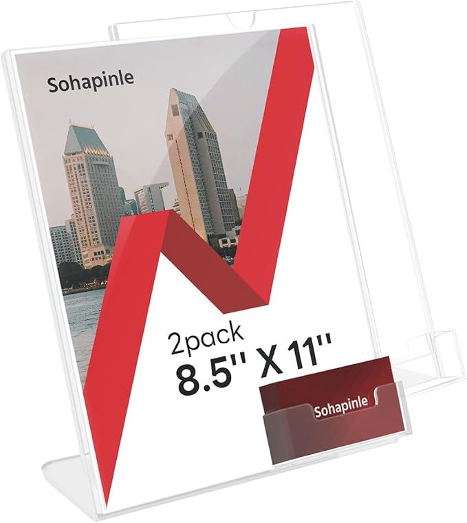 Acrylic Sign Holder 8.5 x 11 Inches with Business Card Holder Clear Plastic Brochure Flyer Display Stand Slanted Countertop Organizer for Pamphlets Magazines Booklets Menus, 2 Pack