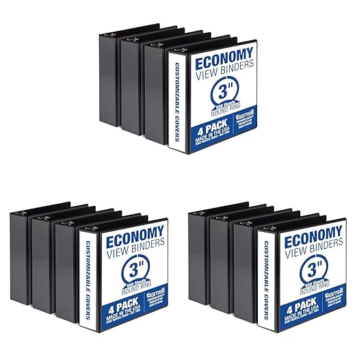 Samsill 3 Inch 3 Ring Binders, Made in USA, Economy Round Ring, Clear View Cover, 550 Sheet Capacity - for School, Home, Office - Black, 12 Pack