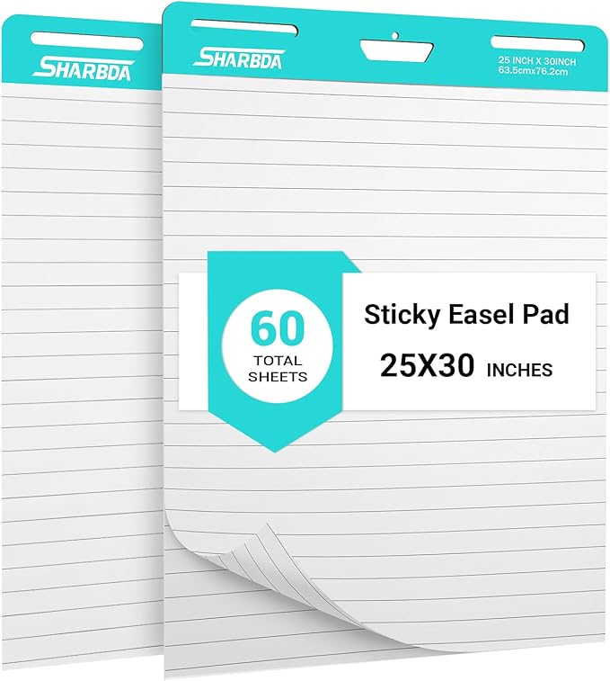 SHARBDA Lined Sticky Easel Pad, 25 in x 30 in,Flip Chart Paper,Sticky Chart Paper for Teachers, Large Self-Stick Easel Paper,Super Sticky & Bleed-Resistant,30 Sheets/Pad,2 Pads