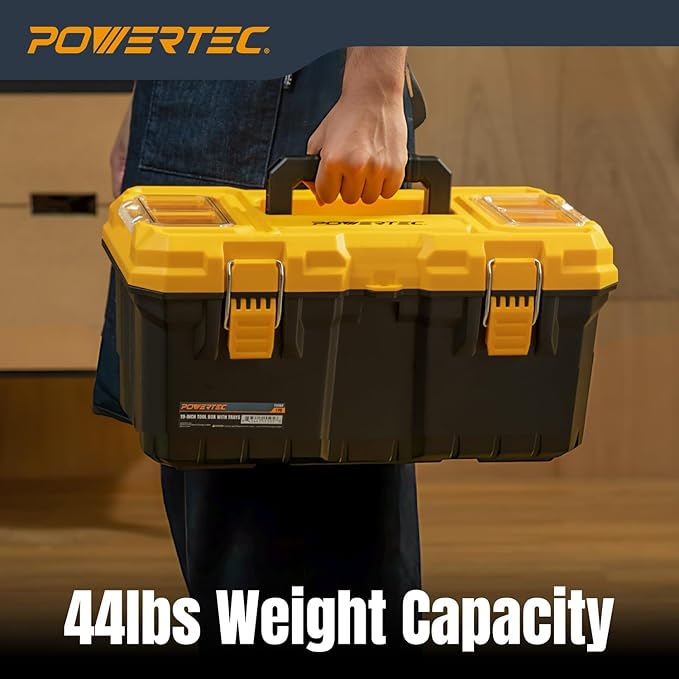 POWERTEC 19-Inch Tool Box with Trays - Lockable, Metal Latch, Organizer, Portable Storage for Tools, Small or Mid-Sized Parts (72362)