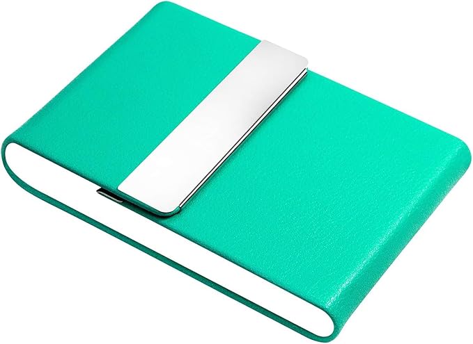 Padike Professional Business Card Holder PU Leather Business Card Case Name Card Holder Slim Metal Pocket Card Holder with Magnetic Shut (Y-Lake blue)