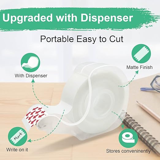 BeataTap Tape, Invisible Tape for Gift Wrapping, 6 Rolls+6 Refillable Dispensers, Matte Finish, Writable, 3/4″x 650″, Clear Tapes for Christmas Wrapping Paper, Office&School Supplies