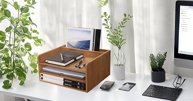 DDYURI 3 Tier Desktop Letter Tray for Office Desk Organizer and Accessories - Wood File Folder Holder for Paper Document Organizer Mail Sorter Workspace Counter Storage Book Shelf Light WJJ3K-LT