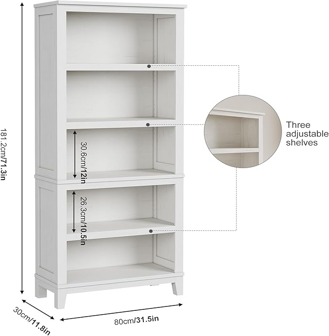 IDEALHOUSE 71" Farmhouse Bookshelf w/Adjustable Shelves & 31.5 in Whidth, 5 Tier Tall Bookshelf with Wooden Legs, Vintage Wooedn Book Shelf for Living Room Office (White, 71.3" H x 31.5" W x 11.8" D)