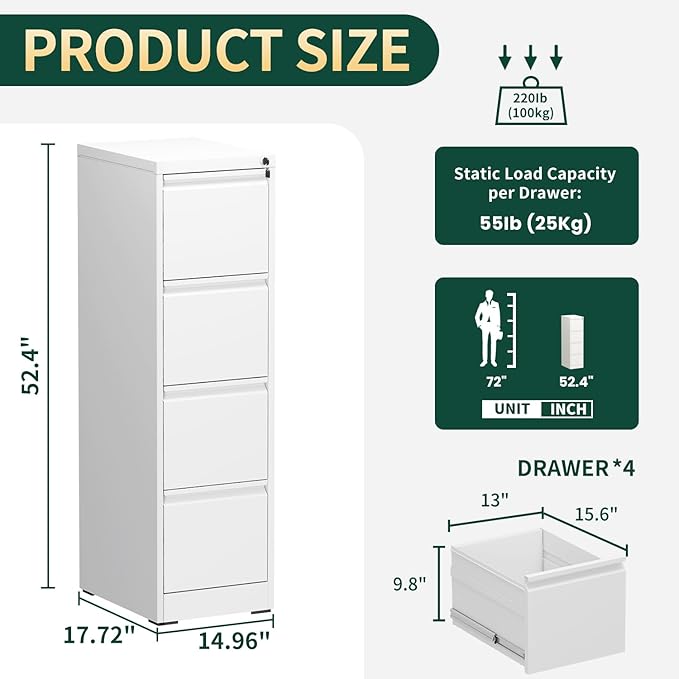 Yukimo 4 Drawer File Cabinet with Lock, Vertical File Cabinet with Lock, Locking File Cabinet Hanging Files for A4/ Legal/Letter, Require Assembly, White