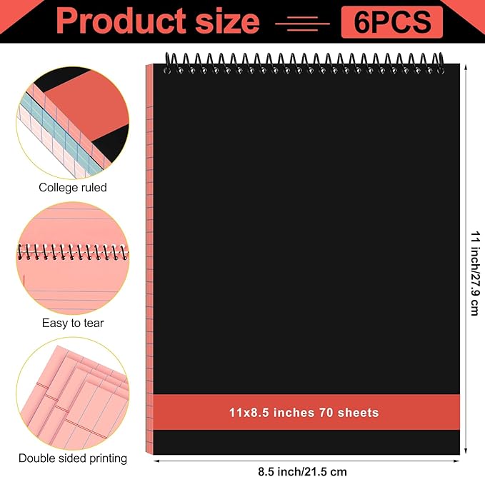 Resurhang 6 Pcs Legal Pad Top Spiral Bound Notebook 70 Sheets Double Sided College Ruled Paper Notepad Memo Steno Pad with Stiff Cover for Business College(8.5 x 11 Inches,No Holes,Retro Colors)