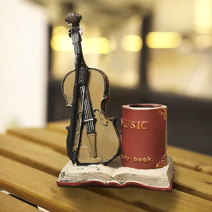 Jaugufiy Resin Violin Sculpture Pen Holder Pencil Holder Pen Organizer Cosmetic Brush Holder Decorative Pen Box Pen Pot Makeup Brush Pot (Red)