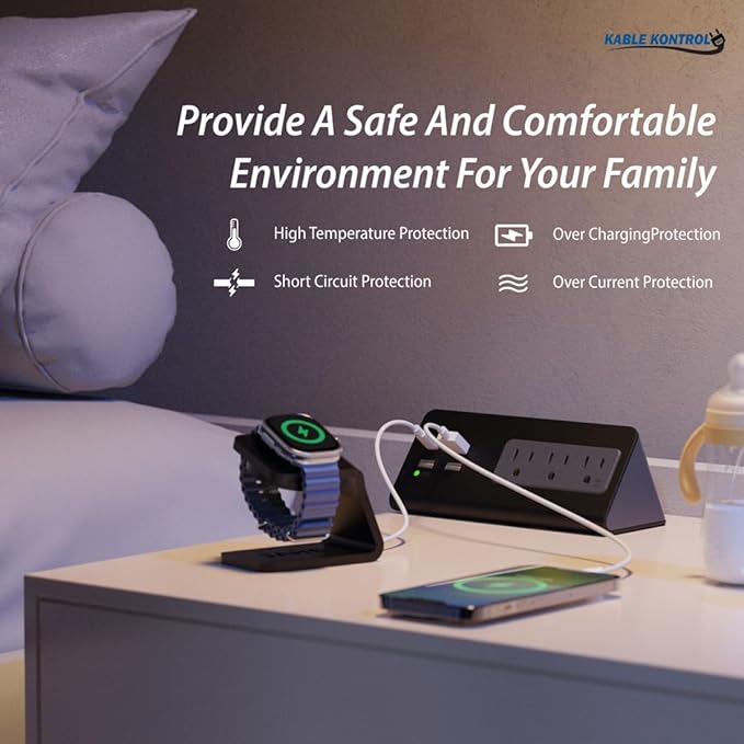 Kable Kontrol Desk Clamp Power Strip with USB-C Port, Nightstand Charging Station, 3 AC Outlets, 3 USB-A Ports, Fast Charger, Easy Installation for Home, Offices, Hotels – 4.9 Ft, White, 5 Pcs