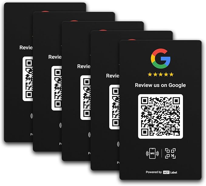 HotLabel Review Card 5-Pack + For Boosting Business Reviews + Black + NFC Tap & QR Code + Supports 5 Different Stores or Same + All Phones Compatible + No App/Subscription
